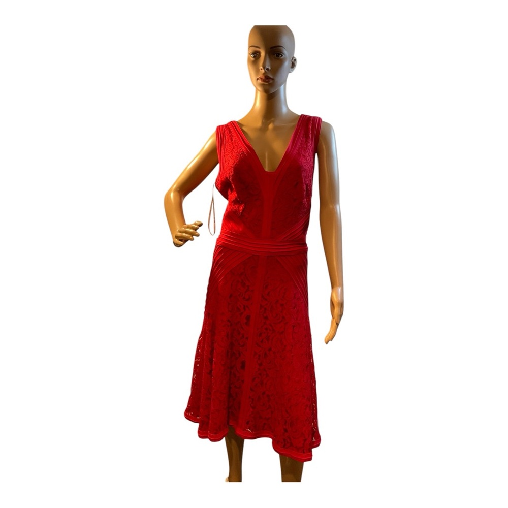 TADASHI SHOJI Women’s Red V-Neck Floral Lace Cocktail Midi Dress Size 14 - Picture 1 of 16